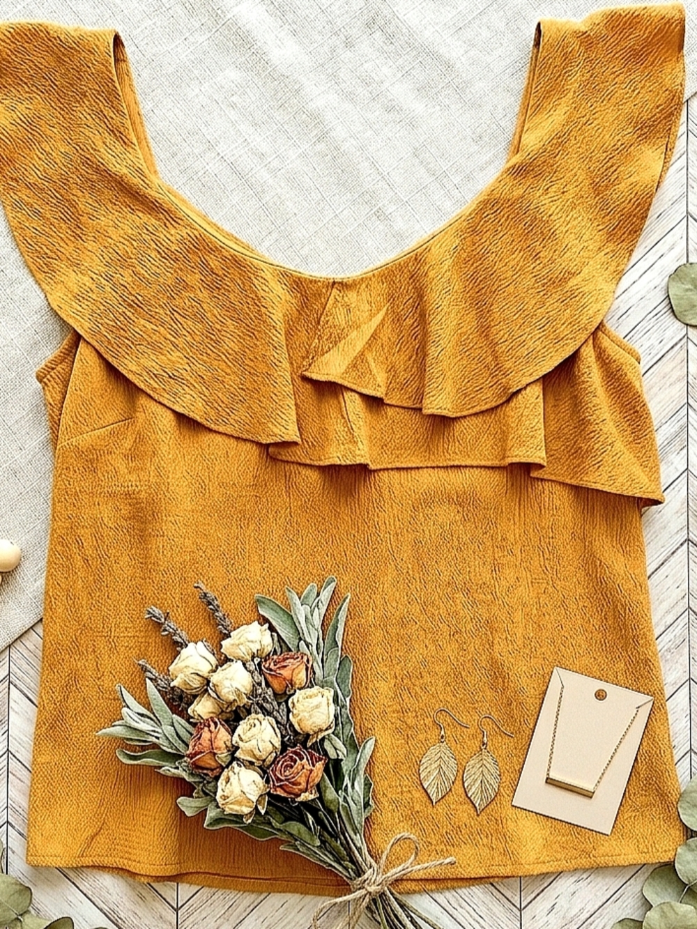 Nine West Yellow Orange Textured Flutter Sleeve Ruffle Tank Top Blouse LARGE